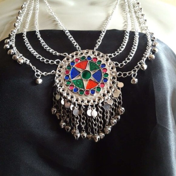 Ethnic Multilayers Bib Necklace, Tribal Silver Bib Necklace, Kuchi Boho Jewelry - Picture 2 of 5